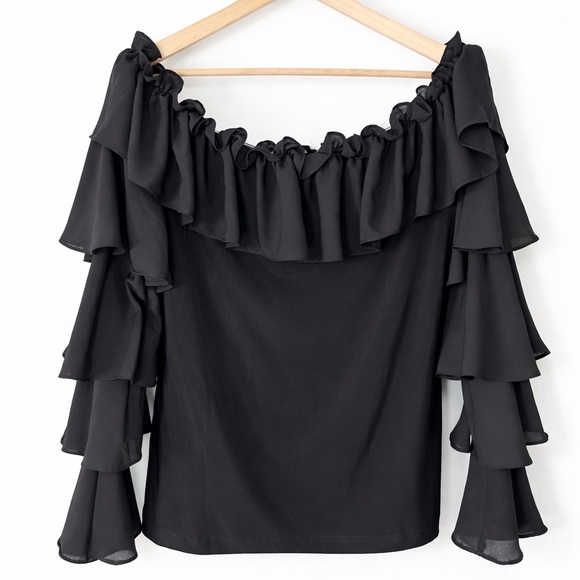Joseph Ribkoff Off Shoulder Tiered Ruffle Blouse Style 191258 Black Size 12 - Picture 3 of 6